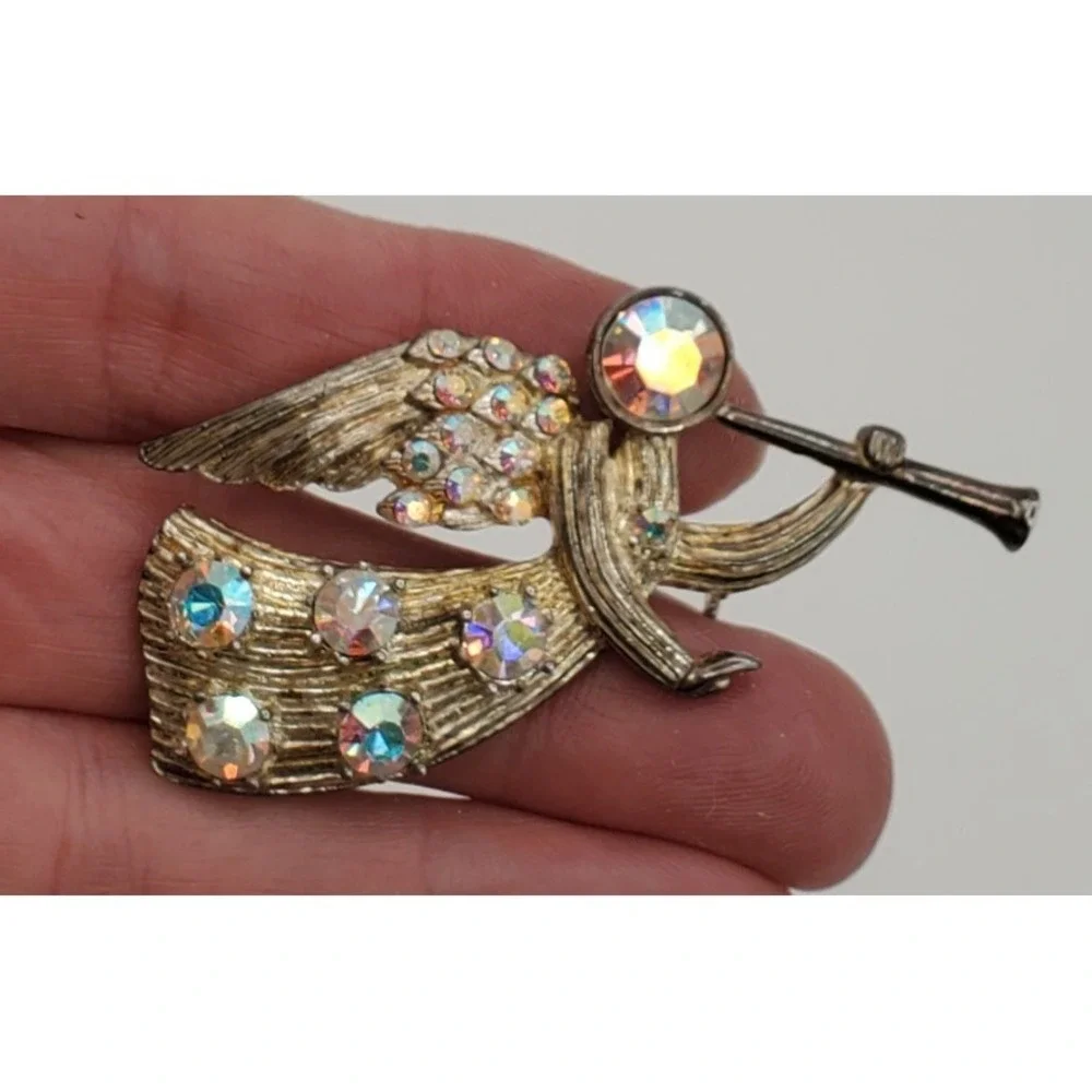 Vtg Gold Tone Eisenberg Ice Aurora Borealis Angel & Trumpet Brooch Pin